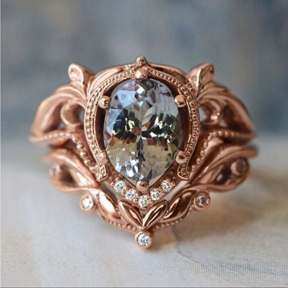 Vintage Rose Gold Oval Diamond Art Deco Ring - Picture 1 of 11